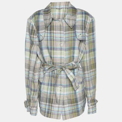 Basler Green Checkered Linen Long Sleeve Belted Cuff Shirt In Multi