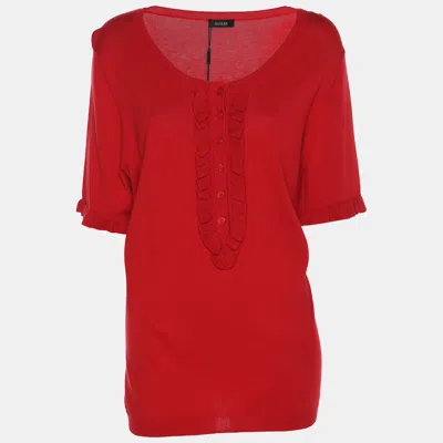 Basler Red Stretch Knit Ruffle Details Tops