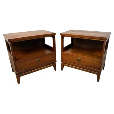 Pre-owned Bassett Furniture Pair Of Mid-century "transit" Series Walnut Nightstands By Bassett In Brown