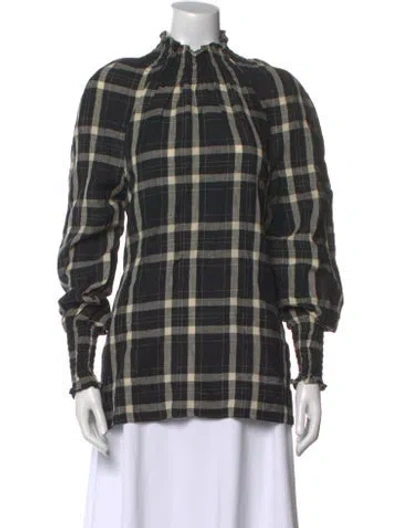 Pre-owned Bassike Linen Plaid Print Button-up Top In Black