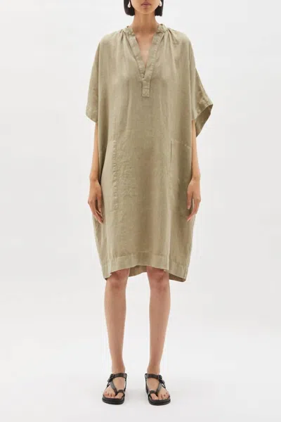 Bassike Washed Linen Gathered Tank Dress In Green