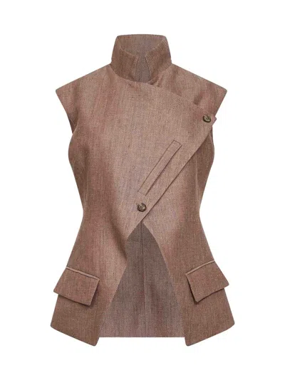 Batakovic Beige Chevron Wool Blend Portofino Asymmetric Vest