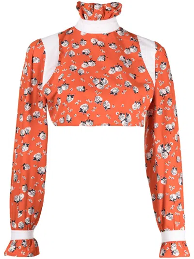 Batsheva Floral-print Cropped Top In Red