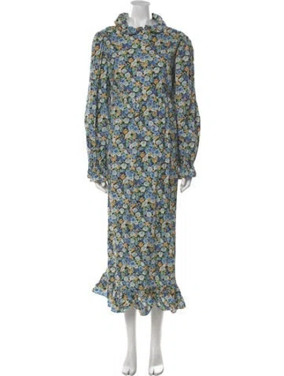 Pre-owned Batsheva Floral Print Long Dress In Blue