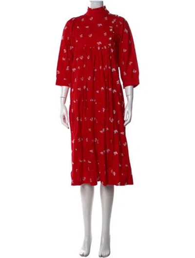 Pre-owned Batsheva Floral Print Long Dress In Red