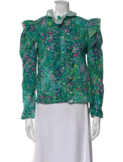 Pre-owned Batsheva Floral Print Long Sleeve Blouse In Green