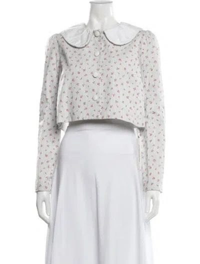 Pre-owned Batsheva Floral Print Long Sleeve Blouse In White