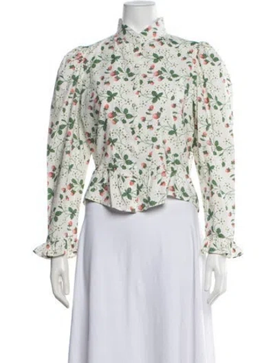 Pre-owned Batsheva Floral Print Long Sleeve Blouse In White