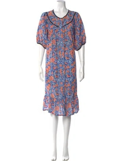 Pre-owned Batsheva Floral Print Midi Length Dress In Blue