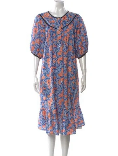 Pre-owned Batsheva Floral Print Midi Length Dress In Blue