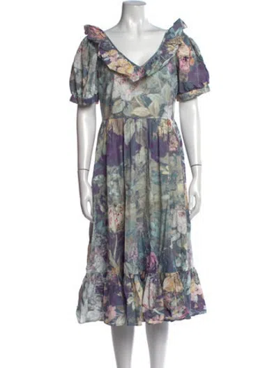 Pre-owned Batsheva Floral Print Midi Length Dress In Blue