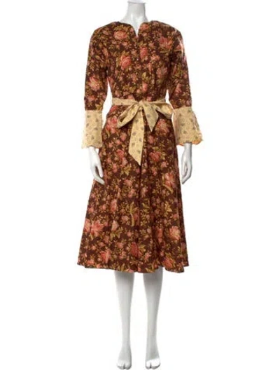 Pre-owned Batsheva Floral Print Midi Length Dress In Brown