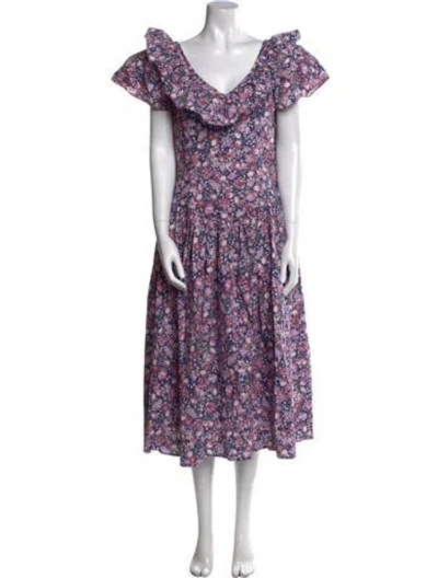 Pre-owned Batsheva Floral Print Midi Length Dress In Purple