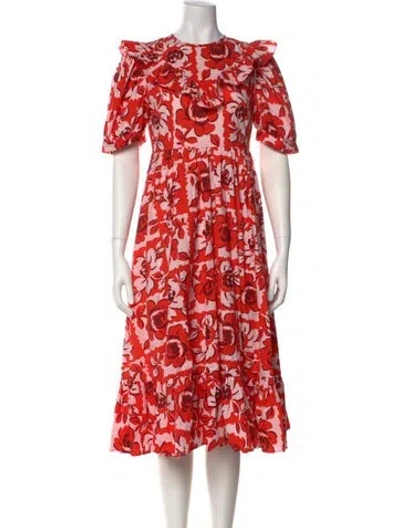 Pre-owned Batsheva Floral Print Midi Length Dress In Red
