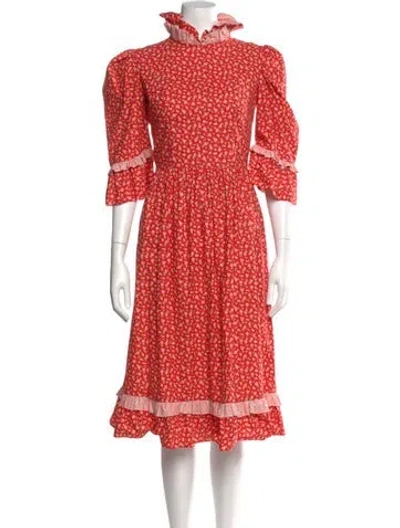 Pre-owned Batsheva Floral Print Midi Length Dress In Red