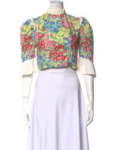 Pre-owned Batsheva Floral Print Mock Neck Blouse In Multicolor