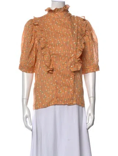 Pre-owned Batsheva Floral Print Short Sleeve Blouse In Orange