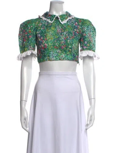 Pre-owned Batsheva Floral Print Short Sleeve Crop Top In Green