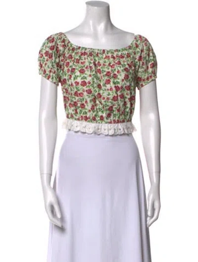 Pre-owned Batsheva Floral Print Square Neckline Crop Top In Blue