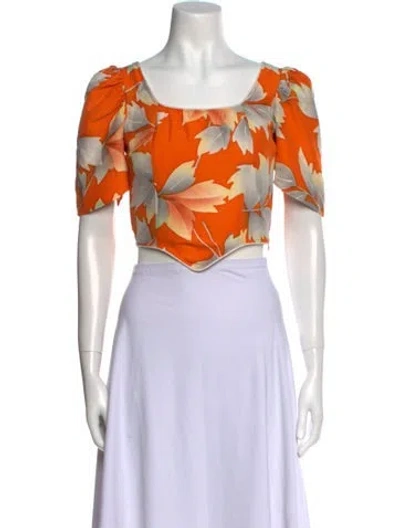Pre-owned Batsheva Floral Print Square Neckline Crop Top In Orange
