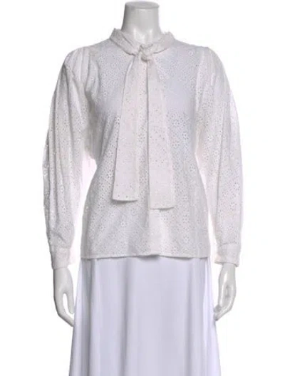 Pre-owned Batsheva Floral Print Tie Neck Blouse In White