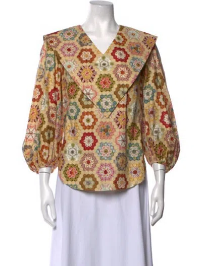 Pre-owned Batsheva Floral Print V-neck Blouse In Neutrals