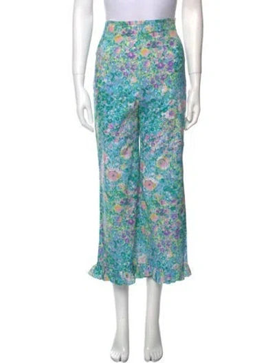Pre-owned Batsheva Floral Print Wide Leg Pants In Green