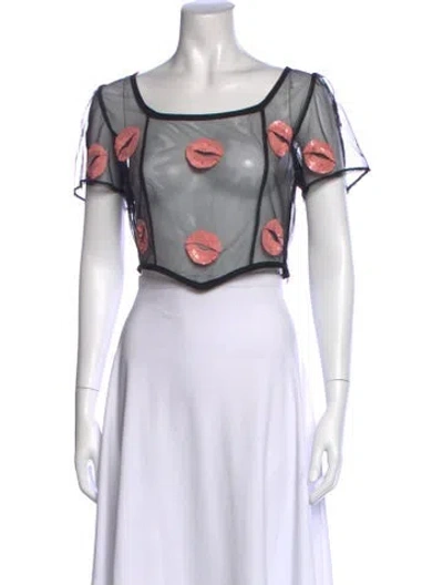 Pre-owned Batsheva Graphic Print Square Neckline Crop Top In White
