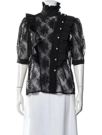 Pre-owned Batsheva Lace Pattern Mock Neck Blouse In Black