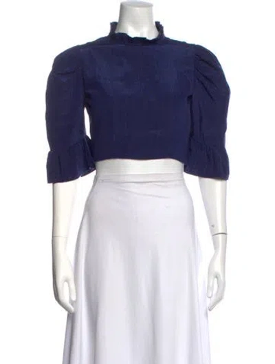 Pre-owned Batsheva Mock Neck Three-quarter Sleeve Blouse In Blue