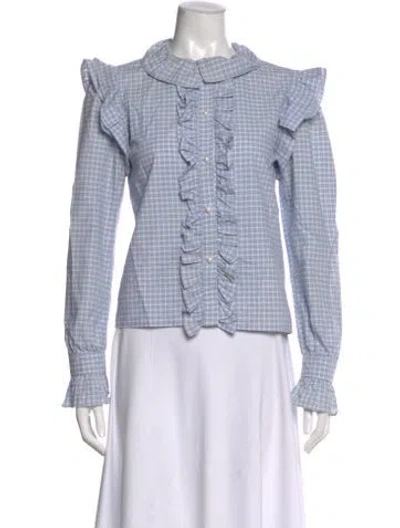 Pre-owned Batsheva Plaid Print Long Sleeve Blouse In Blue