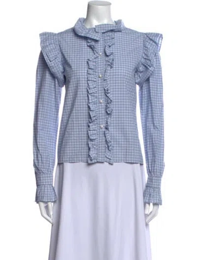 Pre-owned Batsheva Plaid Print Long Sleeve Blouse In Blue