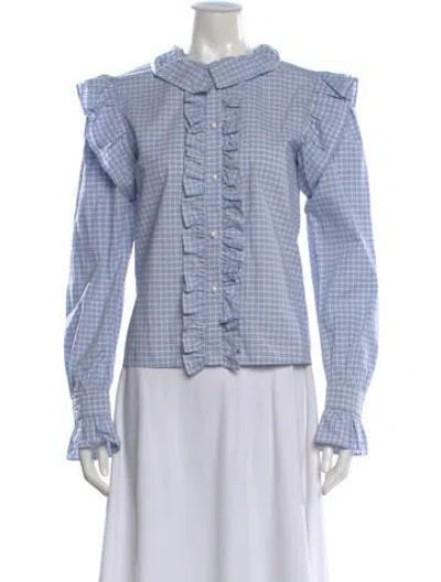 Pre-owned Batsheva Plaid Print Long Sleeve Blouse In Blue