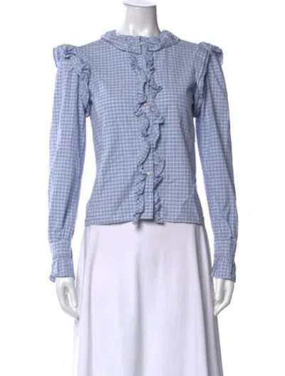 Pre-owned Batsheva Plaid Print Long Sleeve Blouse In Blue