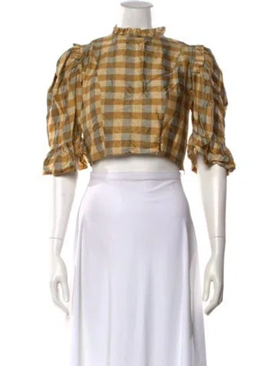 Pre-owned Batsheva Plaid Print Mock Neck Crop Top In Gold