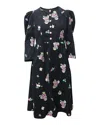 Batsheva Puff Sleeve Midi Dress In Black Floral Print Cotton In Black