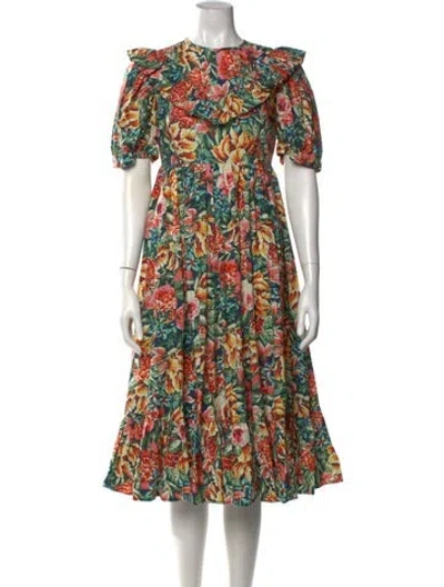 Pre-owned Batsheva X Laura Ashley Floral Print Midi Length Dress In Green/orange/yellow