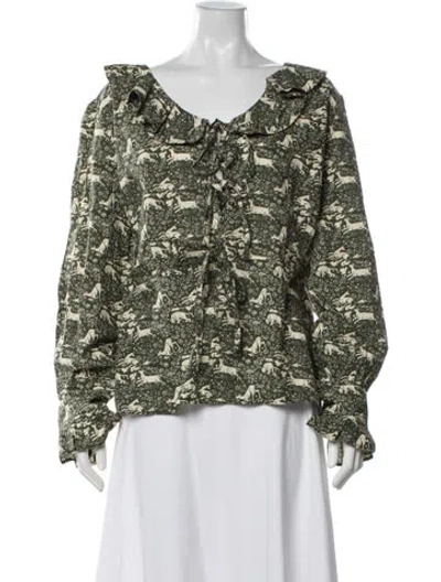 Pre-owned Batsheva X Laura Ashley Floral Print Tie Neck Blouse W/ Tags In Green
