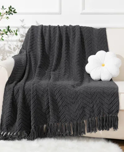 Battilo Herringbone Chenille Knit Throw, 50" X 60" In Dark Gray