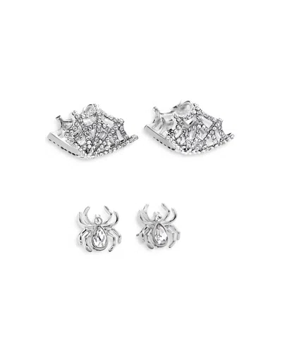 BAUBLEBAR MODEL CRAWLERS CRYSTAL WEB HOOP & SPIDER STUD EARRINGS IN SILVER TONE, SET OF 2