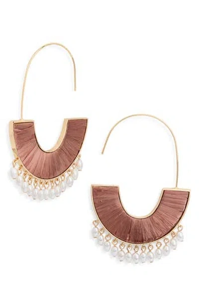 Baublebar Raffia & Faux Pearl Drop Threader Earrings In Brown