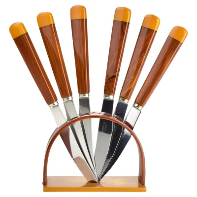 Pre-owned Bauhaus Art Deco  Era Bakelite Catalin Fruit Knife Set With Stand 1930s, Set Of 6 In Brown