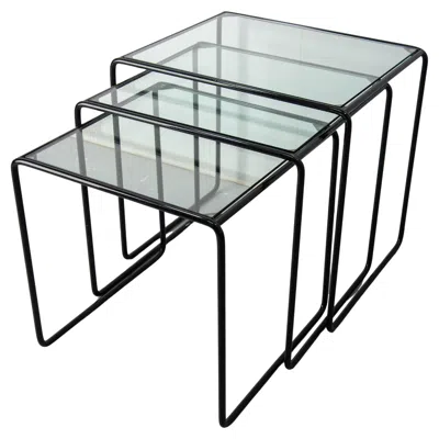 Pre-owned Bauhaus Set Of Three Nesting Tables French  Style Metal And Glass Circa 1970 In Gray