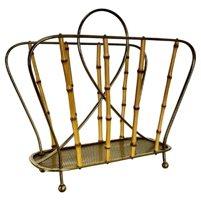 Pre-owned Bauhaus Unique Mategot Aubock Style Brass And Bamboo Magazine Holder, Austria 1950s In Brown