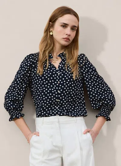 Baukjen Cela Ruffled Neck Blouse In Classic Navy Polka