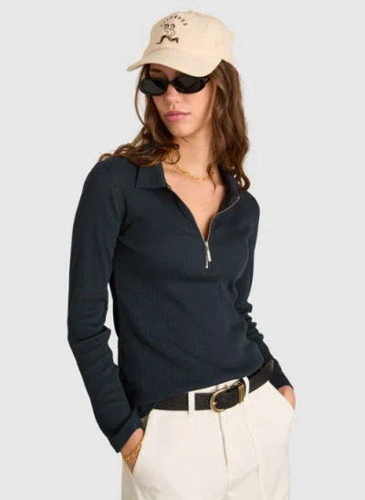 Baukjen Cotton Zip Collar Ribbed Top In Blue