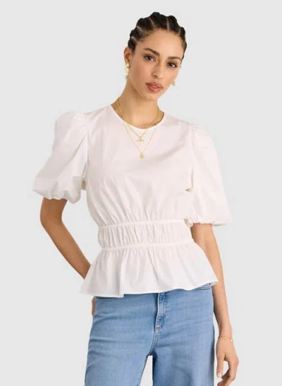 Baukjen Elise Puff Sleeve Smocked Waist Top In White