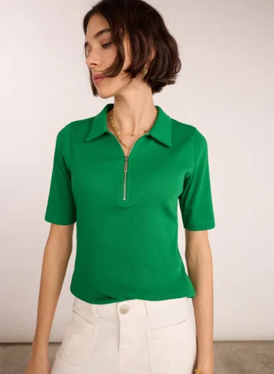 Baukjen Ivy Cotton Rib Zip Collar Top In Bright Emerald