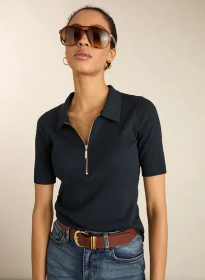 Baukjen Ivy Cotton Rib Zip Collar Top In Classic Navy