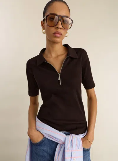 Baukjen Ivy Cotton Rib Zip Collar Top In Brown